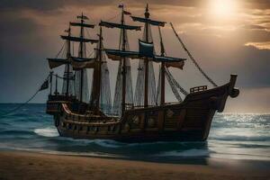 a pirate ship on the beach at sunset. AI-Generated photo