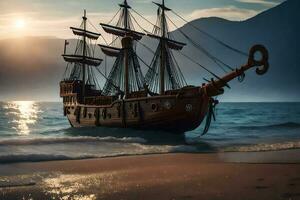 a pirate ship on the beach at sunset. AI-Generated photo