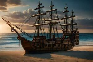 a wooden ship on the beach at sunset. AI-Generated photo