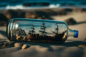 a ship in a bottle on the beach. AI-Generated photo
