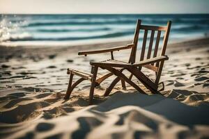 un de madera silla se sienta en el playa cerca el océano. generado por ai foto