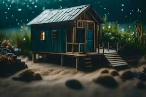 a miniature house on the beach with water and plants. AI-Generated photo