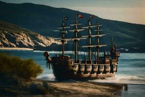 un pirata Embarcacion es navegación en el océano. generado por ai foto