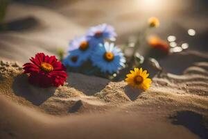 photo wallpaper sand, the sun, flowers, the sun, flowers, the sand, flowers,. AI-Generated