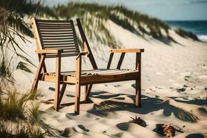 a wooden chair sits on the sand near the ocean. AI-Generated photo