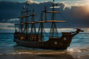 a pirate ship is on the beach at sunset. AI-Generated photo