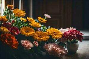 flowers in a vase on a window sill. AI-Generated photo