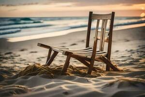 un silla se sienta en el playa a puesta de sol. generado por ai foto