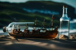 a bottle and a ship in a bottle on the beach. AI-Generated photo