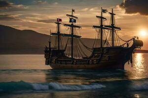 a pirate ship in the ocean at sunset. AI-Generated photo