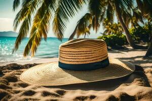 un Paja sombrero en el playa. generado por ai foto