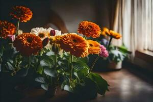 orange and yellow flowers in a vase on a table. AI-Generated photo