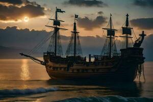 a pirate ship in the ocean at sunset. AI-Generated photo