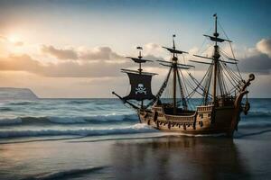 a pirate ship on the beach at sunset. AI-Generated photo