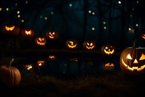 halloween pumpkins in the dark with lights. AI-Generated photo