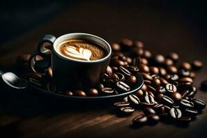 a cup of coffee is shown on a wooden table with coffee beans. AI-Generated photo