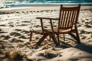 a wooden chair sits on the beach near the ocean. AI-Generated photo