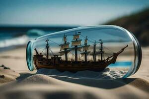 a model ship in a bottle on the beach. AI-Generated photo