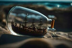 a ship in a bottle on the beach. AI-Generated photo