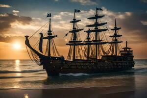 a pirate ship is sailing on the ocean at sunset. AI-Generated photo