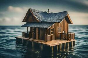 a miniature house floating in the ocean. AI-Generated photo