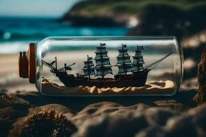 a ship in a bottle on the beach. AI-Generated photo