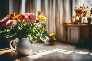 flowers in a vase on a wooden table. AI-Generated photo