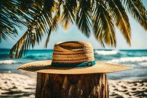 straw hat on a palm tree on the beach. AI-Generated photo