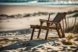 a wooden chair sits on the sand near the ocean. AI-Generated photo