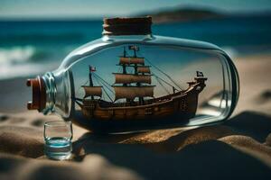 a bottle with a ship inside it on the beach. AI-Generated photo