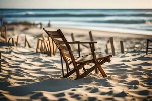 a wooden chair sits on the beach at sunset. AI-Generated photo