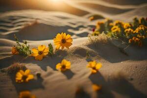 the sun is shining on the desert flowers. AI-Generated photo