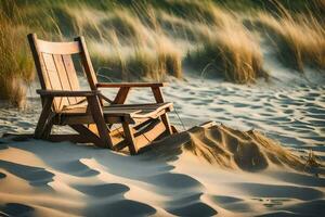 a rocking chair sits on the sand in front of tall grass. AI-Generated photo