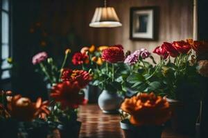 flores en floreros en un mesa en un habitación. generado por ai foto