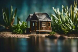 a miniature house sits on the edge of a pond. AI-Generated photo