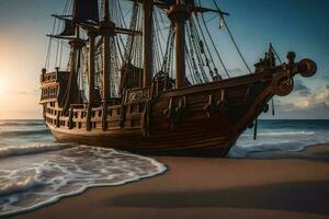 a pirate ship on the beach at sunset. AI-Generated photo