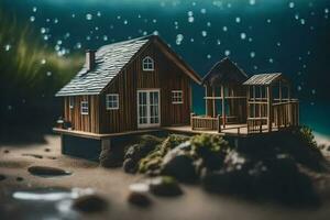 un miniatura casa en el playa con gotas de lluvia. generado por ai foto