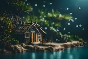 a miniature house on a small island in the middle of the water. AI-Generated photo