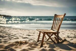 a wooden chair sits on the beach in front of the ocean. AI-Generated photo