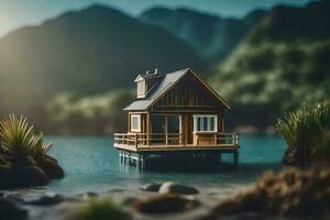 un minúsculo casa en un muelle en el medio de un lago. generado por ai foto