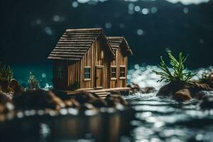 un miniatura casa se sienta en el rocas por el agua. generado por ai foto