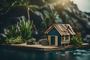 a miniature house on a small island in the water. AI-Generated photo