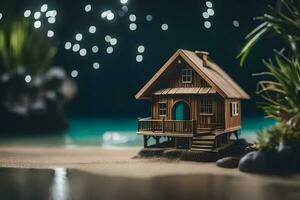 a miniature house on the beach with lights. AI-Generated photo