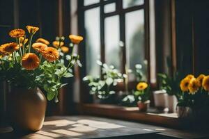 orange flowers in a vase on a table near a window. AI-Generated photo