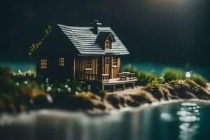 un miniatura casa en un pequeño isla por el agua. generado por ai foto