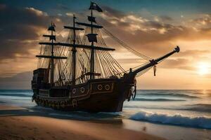 a pirate ship on the beach at sunset. AI-Generated photo