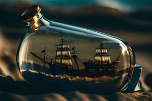 a ship in a bottle on the beach. AI-Generated photo