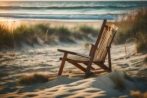 un de madera silla se sienta en el playa a puesta de sol. generado por ai foto