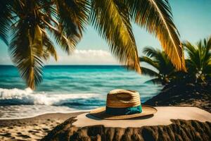 a hat on a palm tree on the beach. AI-Generated photo