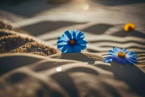 two blue flowers in the sand. AI-Generated photo